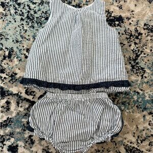 Ruffle Butts Navy and White seersucker swing top and bloomer set